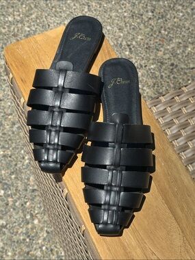 J. Crew Black Leather Woven Slide Mules